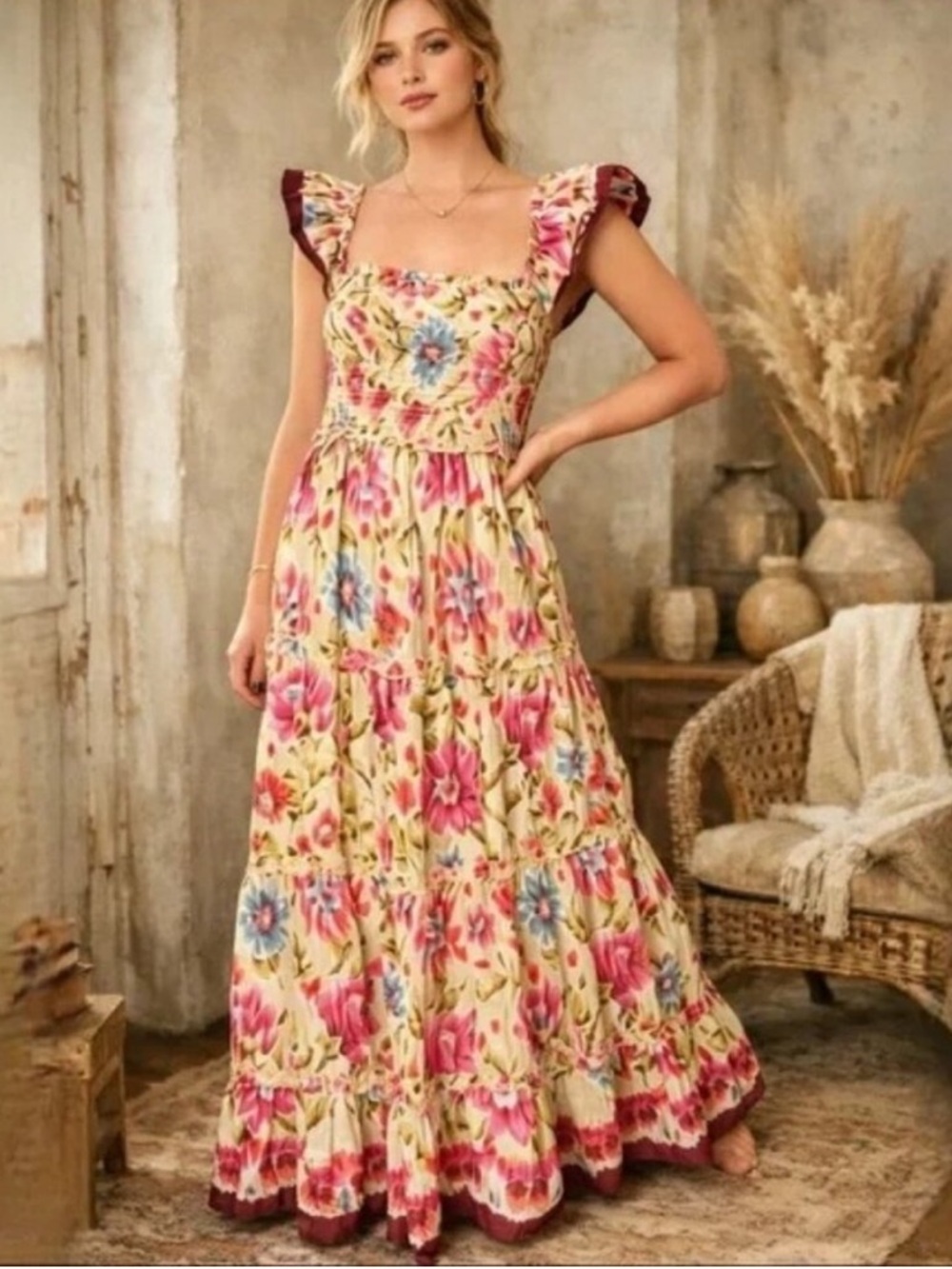 NWT House Of Harlow Maxi Dress Size M Floral Smocked Prairie Cottagecore Peasant